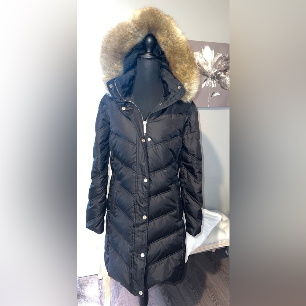 Michael Kors Black Quilted Puffer Coat with Faux Fur Trim Hood
